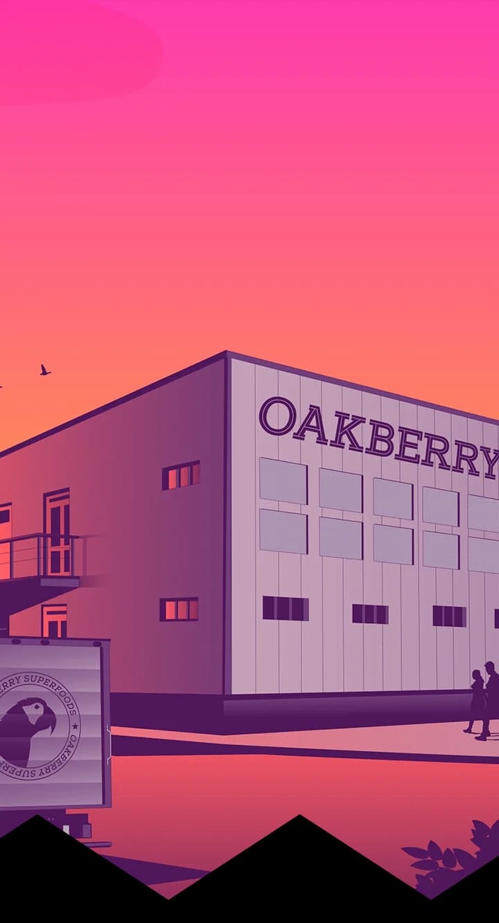 An illustration of an OAKBERRY's Açaí factory with palm trees in the background.