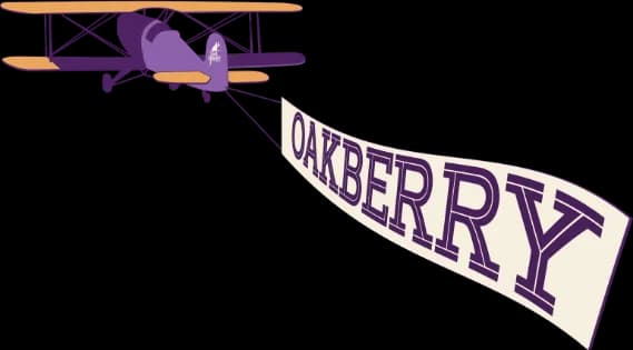 A illustration of airplane flying with oakberry flag on back