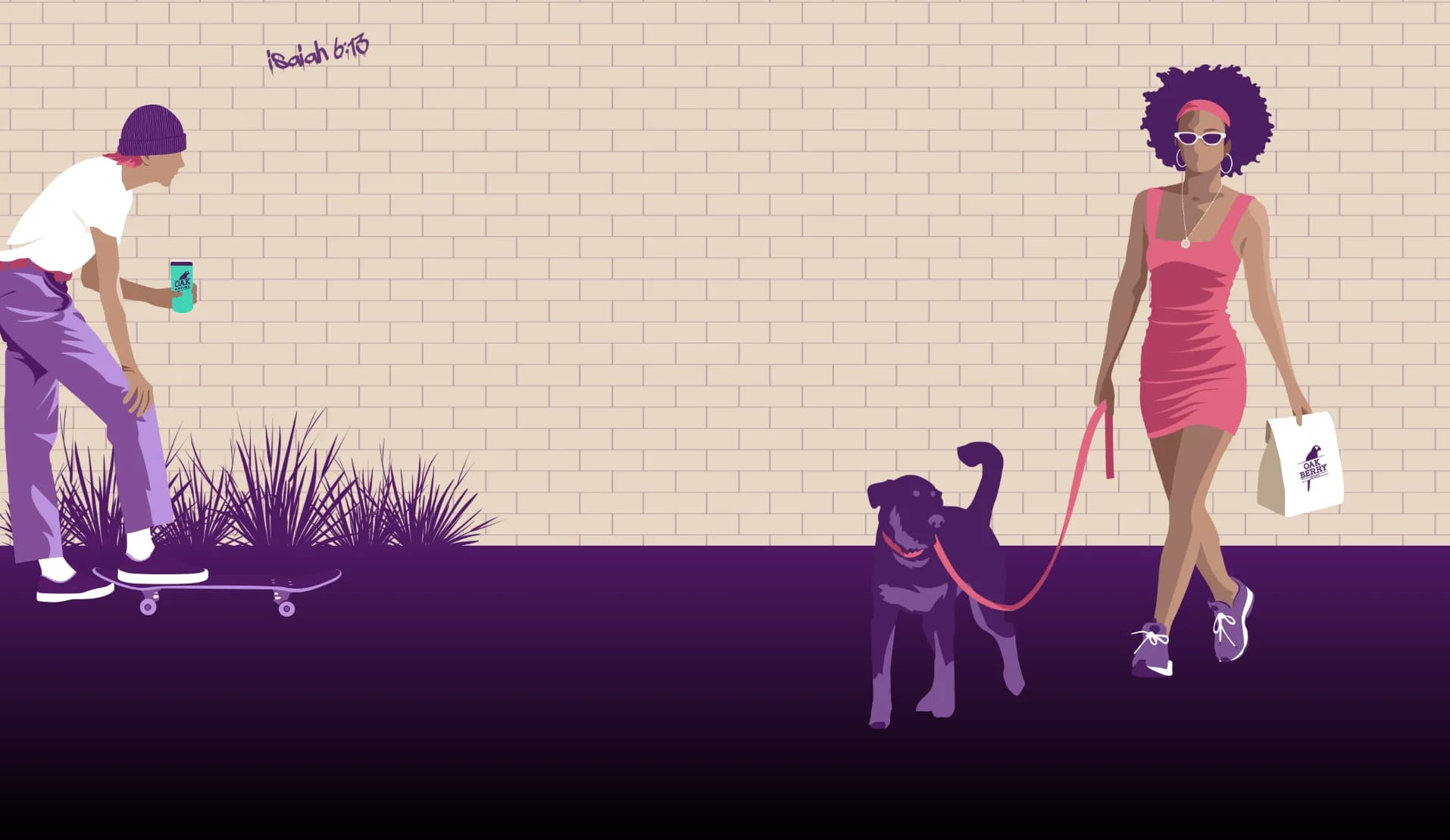 An illustration of a woman walking a dog and a man with a skateboard.