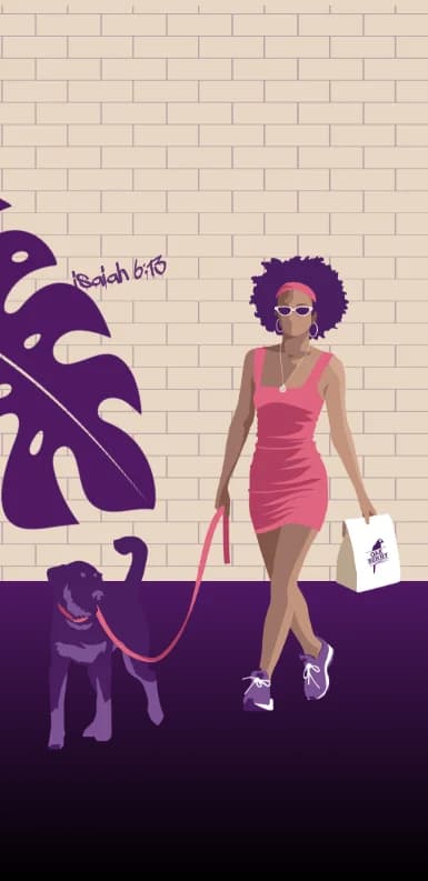 An illustration of a woman walking a dog