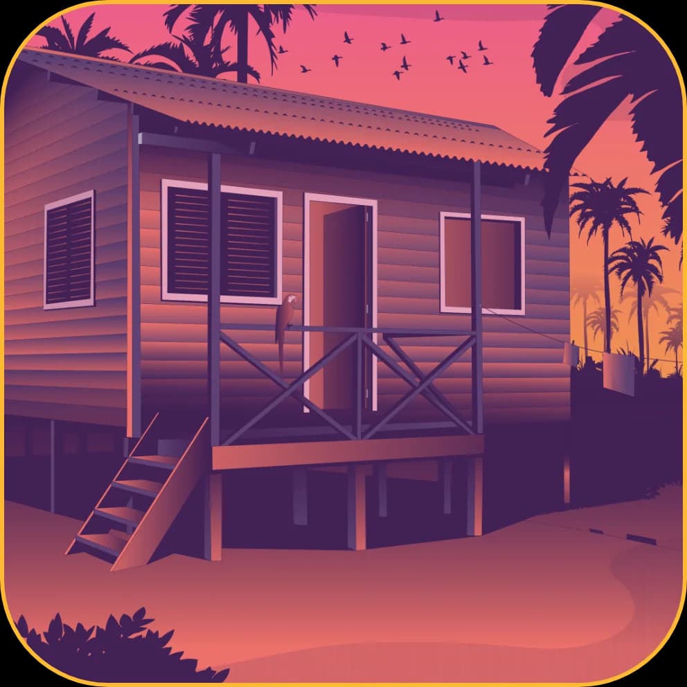 A house on stilts with palm trees