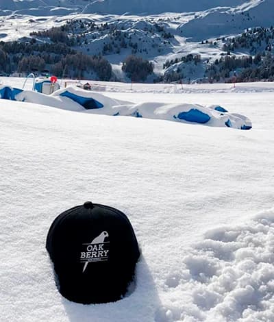 An OAKBERRY hat in the snow