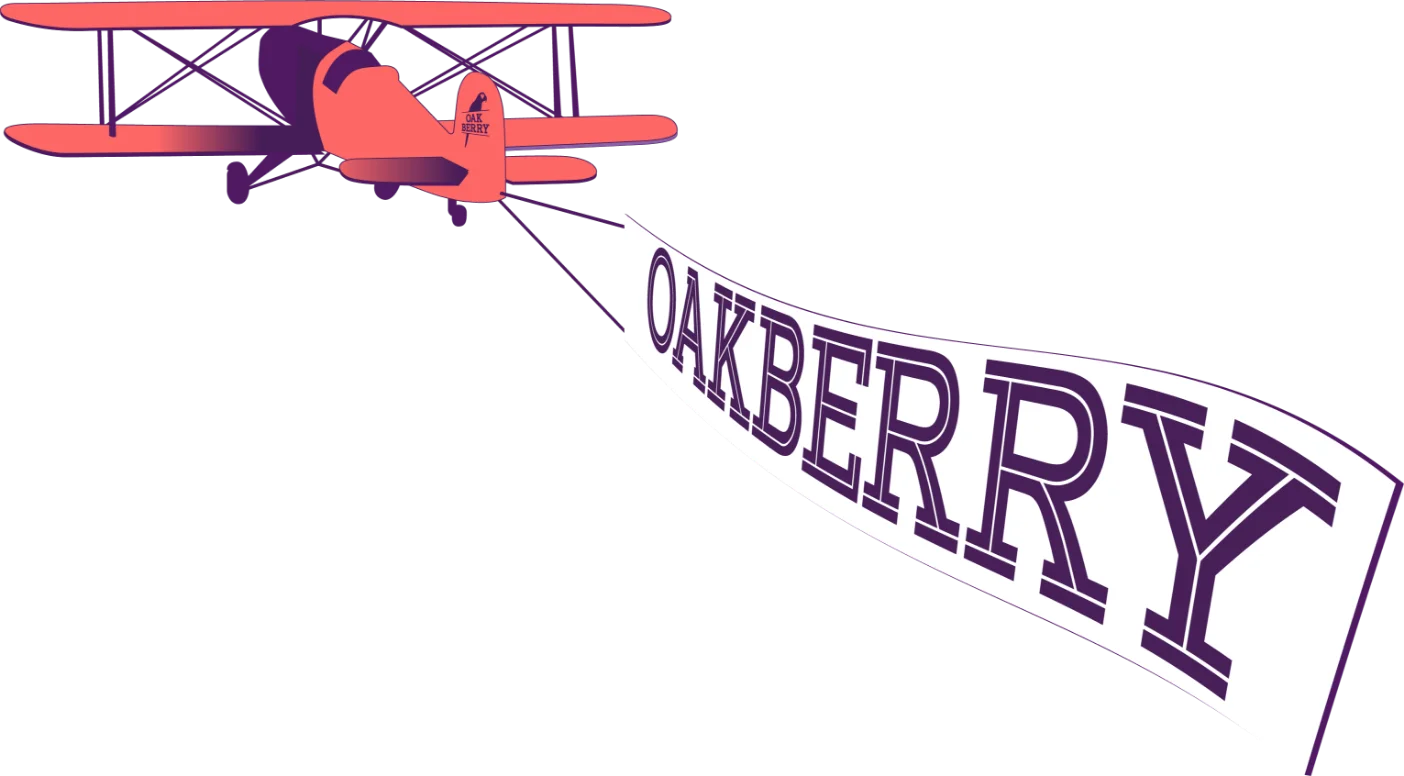 A illustration of airplane flying with oakberry flag on back