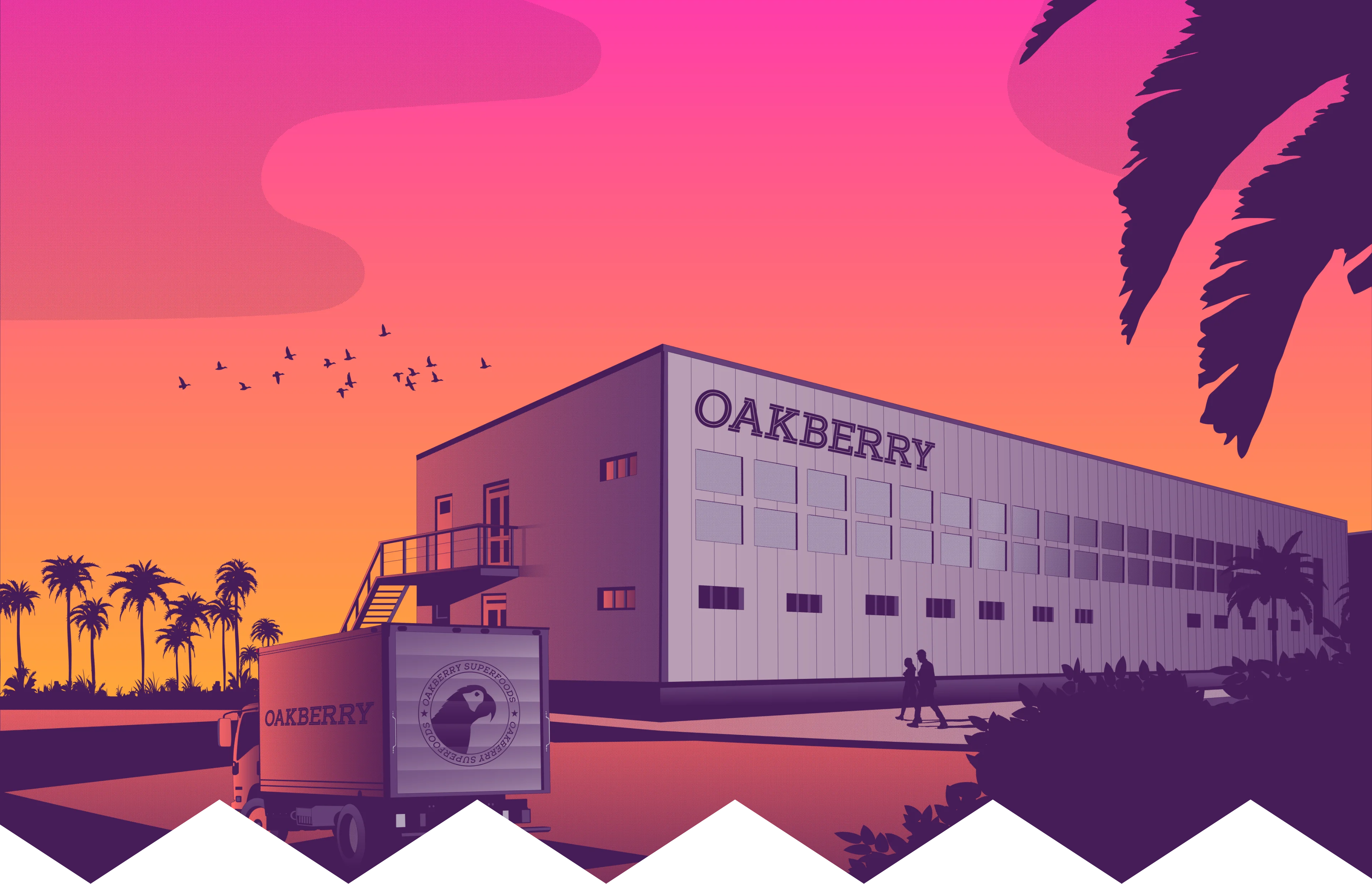 An illustration of an OAKBERRY's Açaí factory with palm trees in the background.