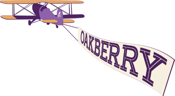 A illustration of airplane flying with oakberry flag on back