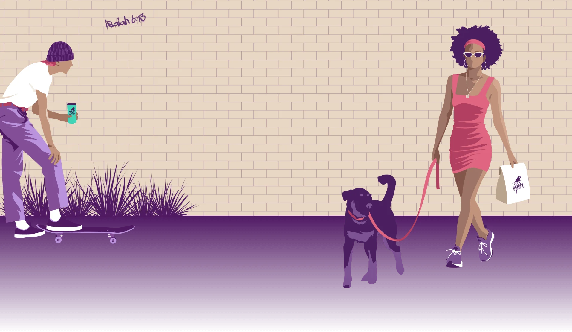 An illustration of a woman walking a dog and a man with a skateboard.