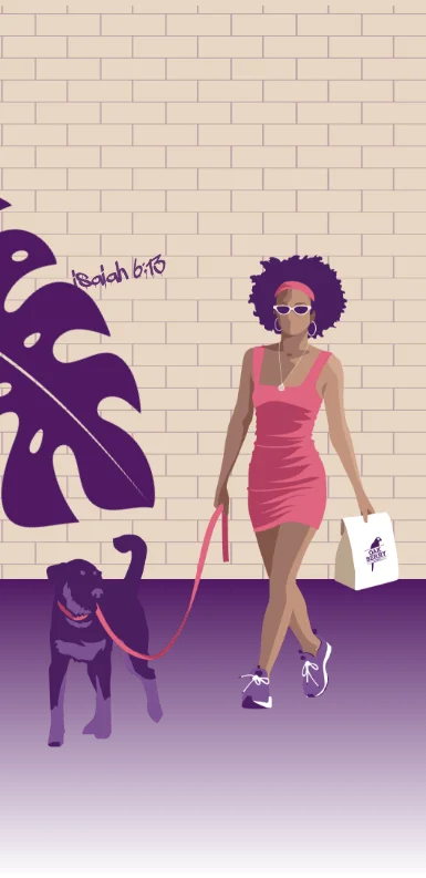 An illustration of a woman walking a dog
